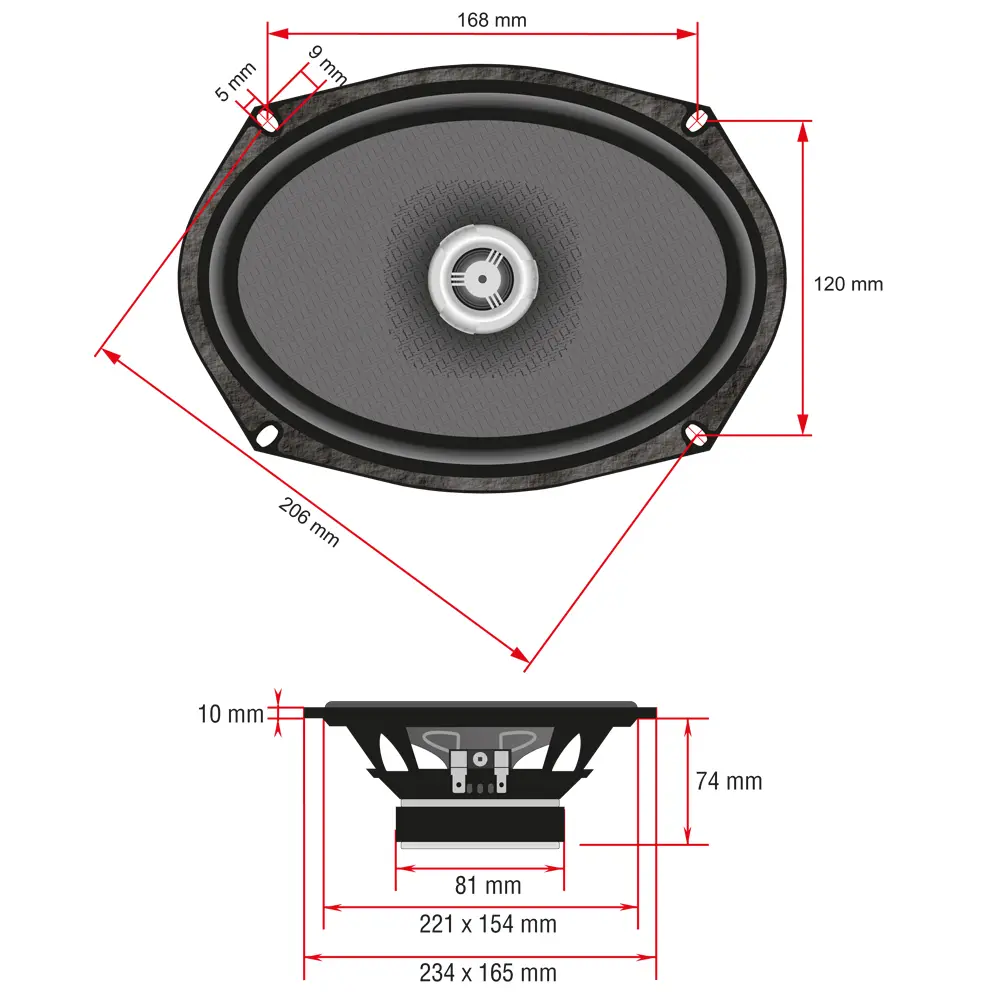 Maßzeichnung AMPIRE CD690 6x9 Zoll Maßzeichnung des AMPIRE CD690 6x9 Zoll Koaxial-Lautsprechers