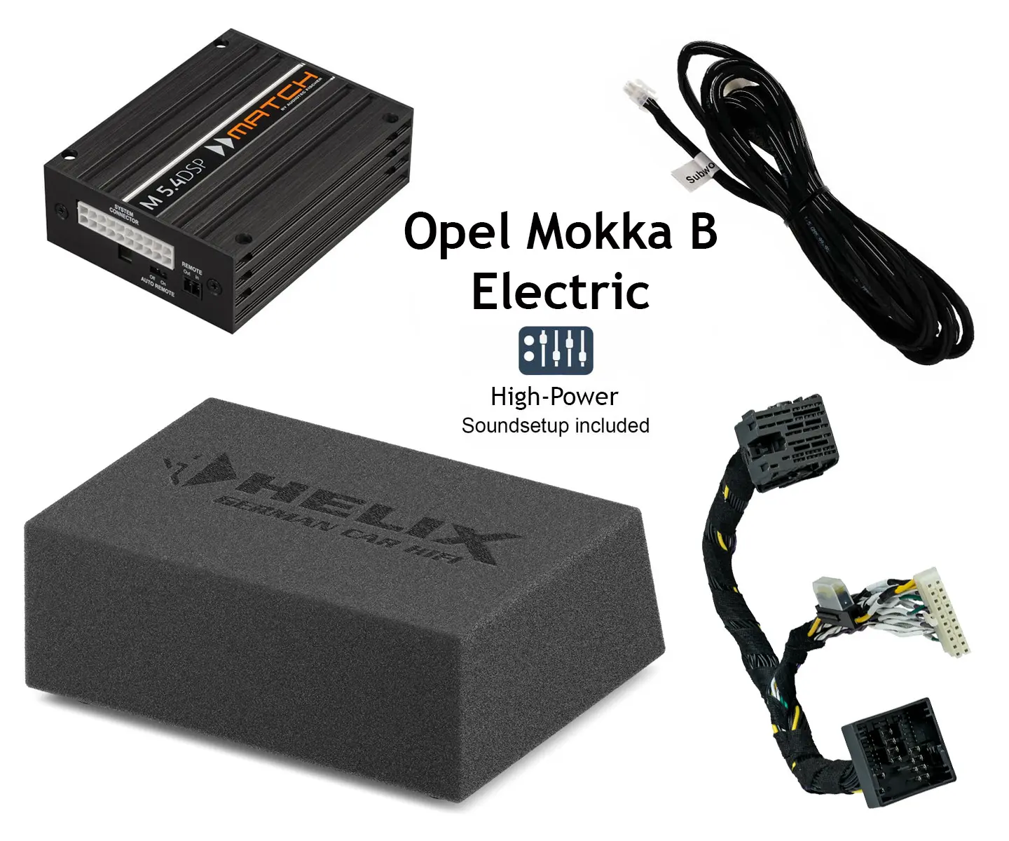 Car‑Audio Upgrade‑Kit für den Opel Mokka B Electric mit MATCH M 5.4DSP, HELIX Modul, Subwoofer‑Kabel und Kabelbaum auf weißem Hintergrund