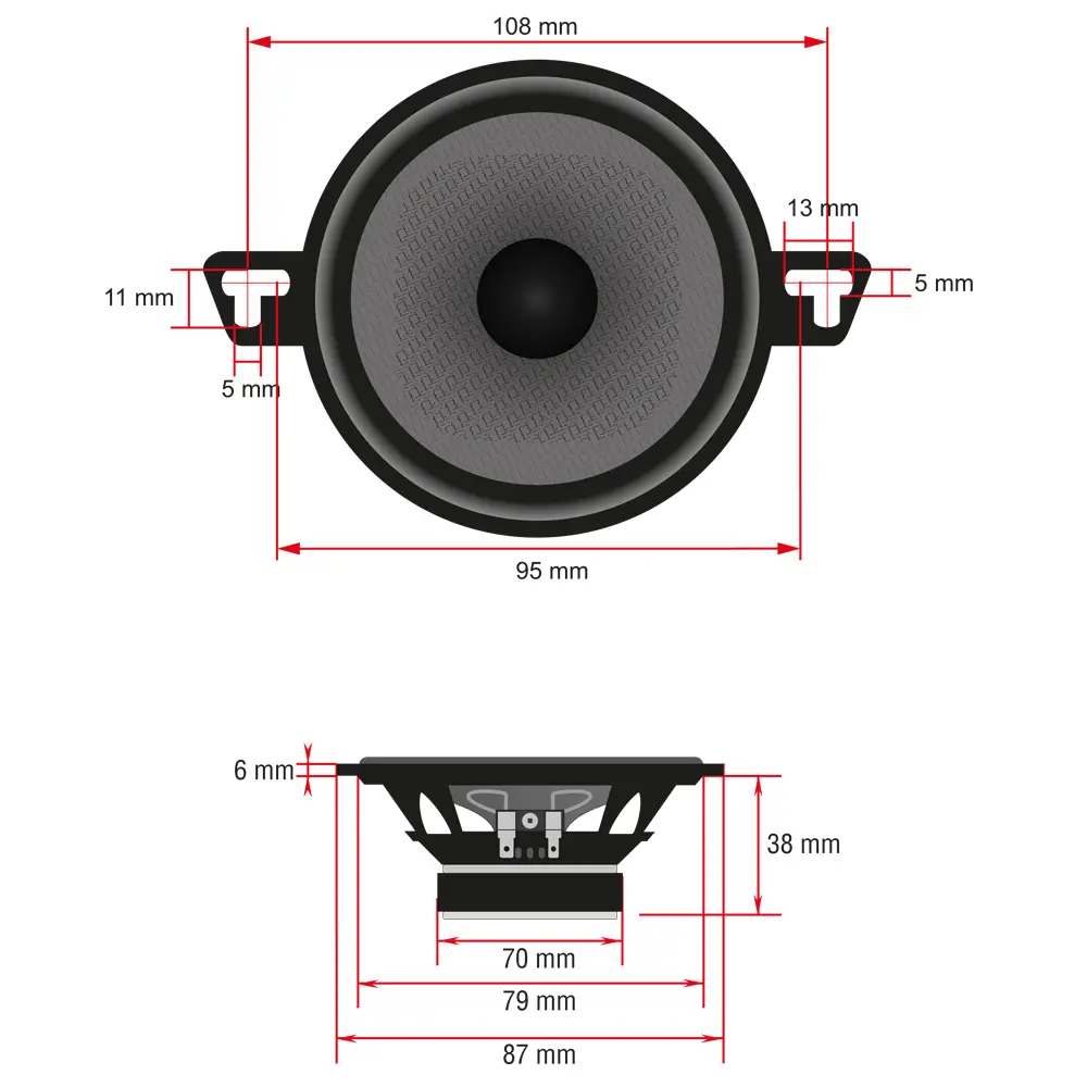 Ampire CP87 Einbaumaße Koaxial-Lautsprecher | ARS Stuttgart Technische Zeichnung mit Einbaumaßen des Ampire CP87 87 mm Koaxiallautsprechers