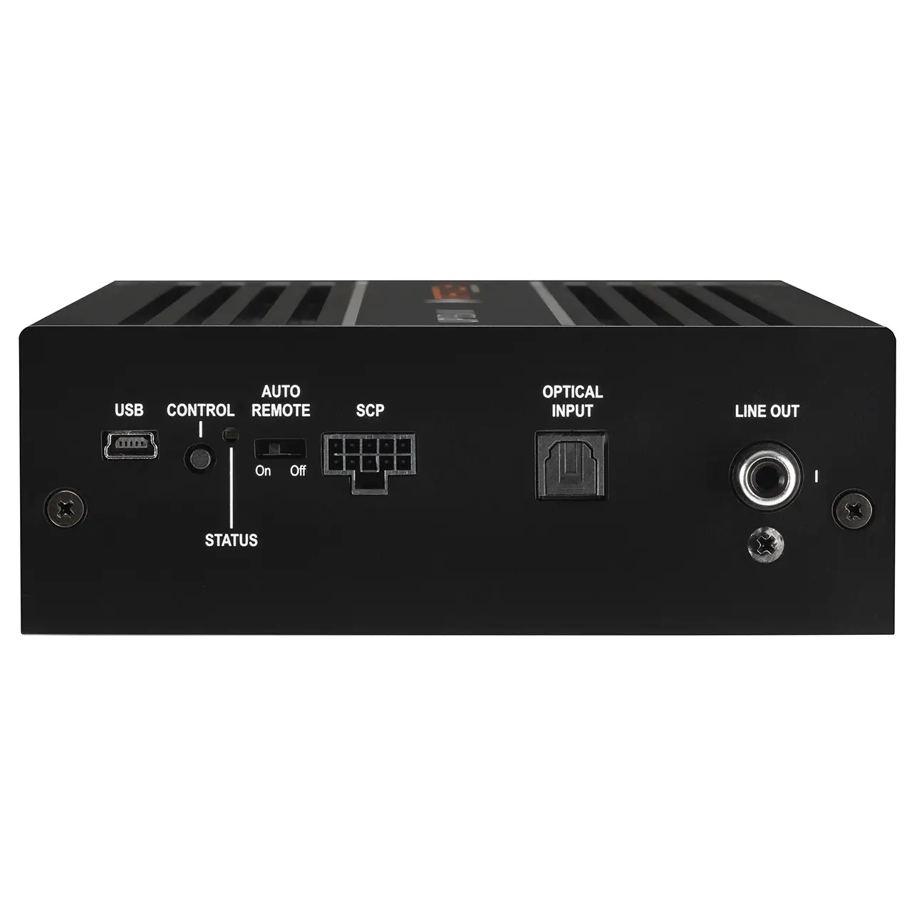 MATCH UP 6DSP – Anschlussseite Anschlussseite des MATCH UP 6DSP 6-Kanal DSP-Verstärkers mit USB-, optischem Eingang und Line-Out
