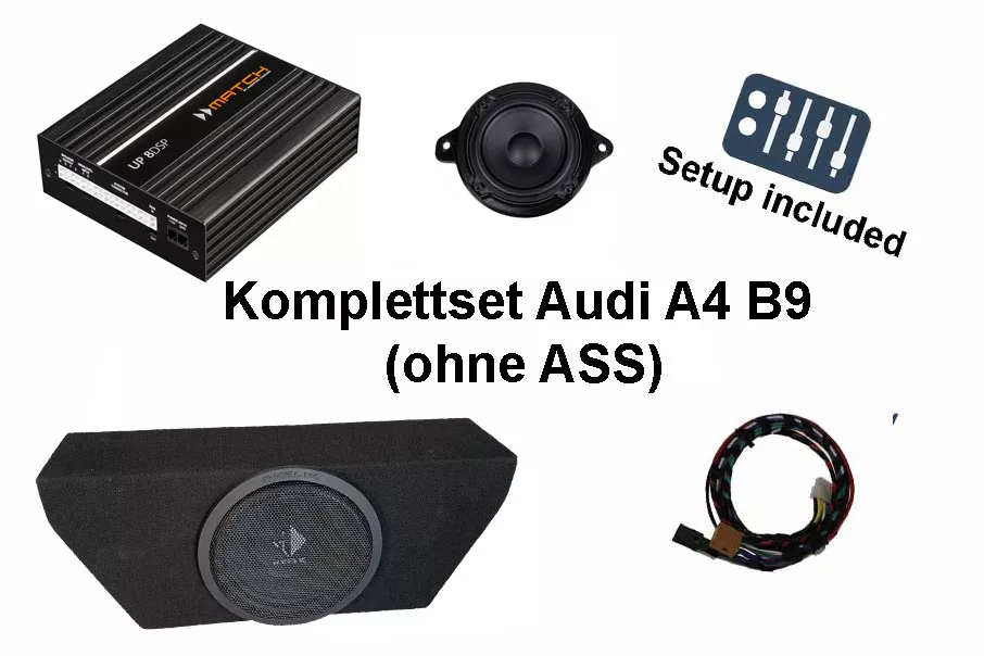 A4B9_ohneASS_Komplettset_up8 Audi A4 (B9) mit Standard Sound | 8-Kanal DSP Soundupgrade | Subwoofer K10W