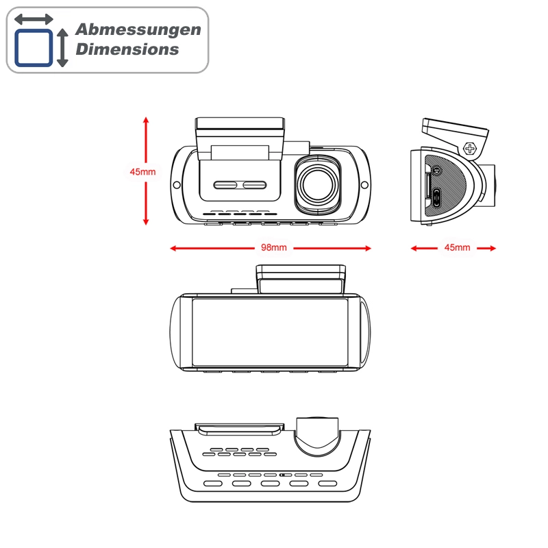 Technische Maßzeichnung der AMPIRE DC3-PLUS Dashcam mit den Abmessungen 98 × 45 × 45 mm