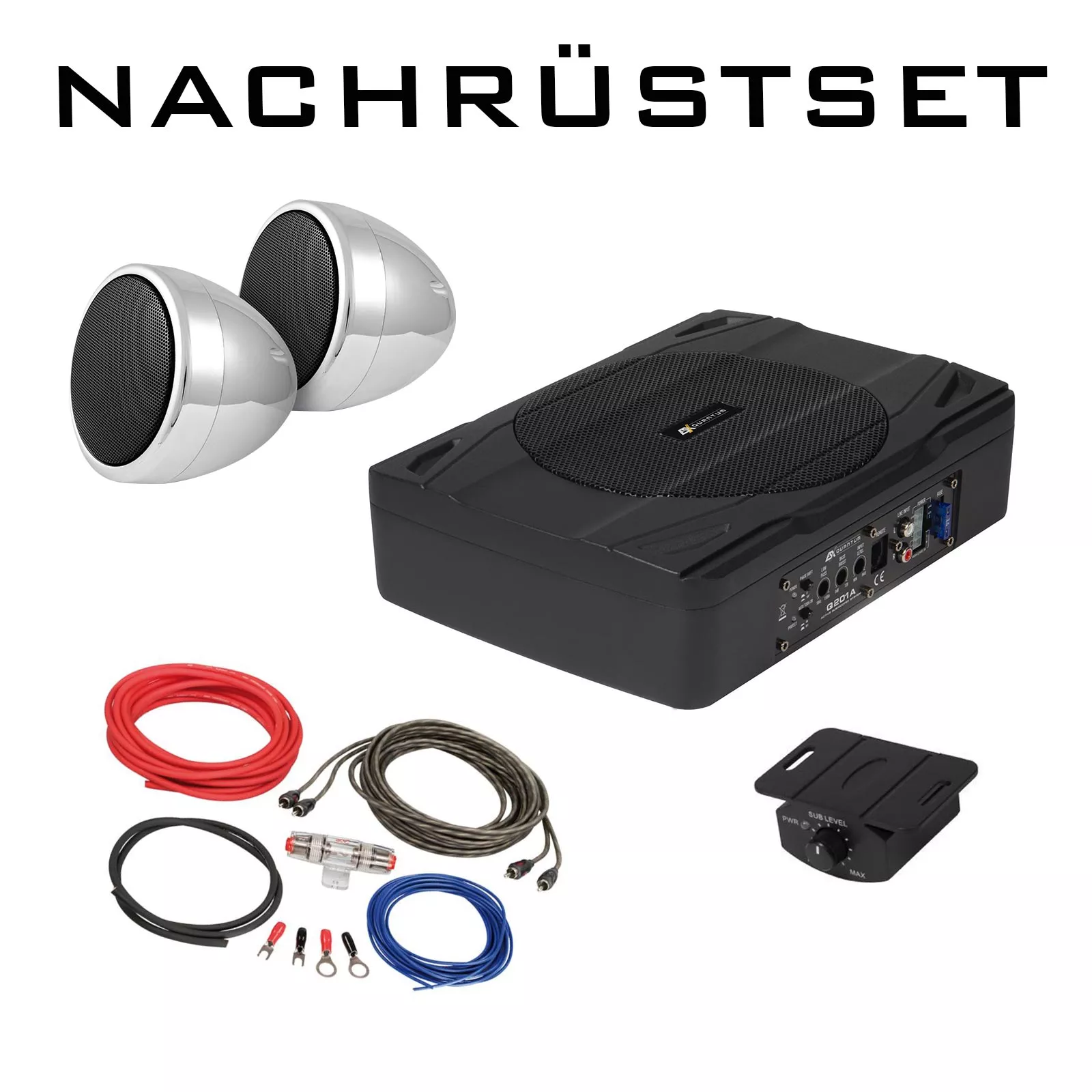 oldtimer_ls_sub_komplettset Oldtimer Einbauset ESX Q201A + QX75-CHR Subwoofer & Aufbaulautsprecher silber