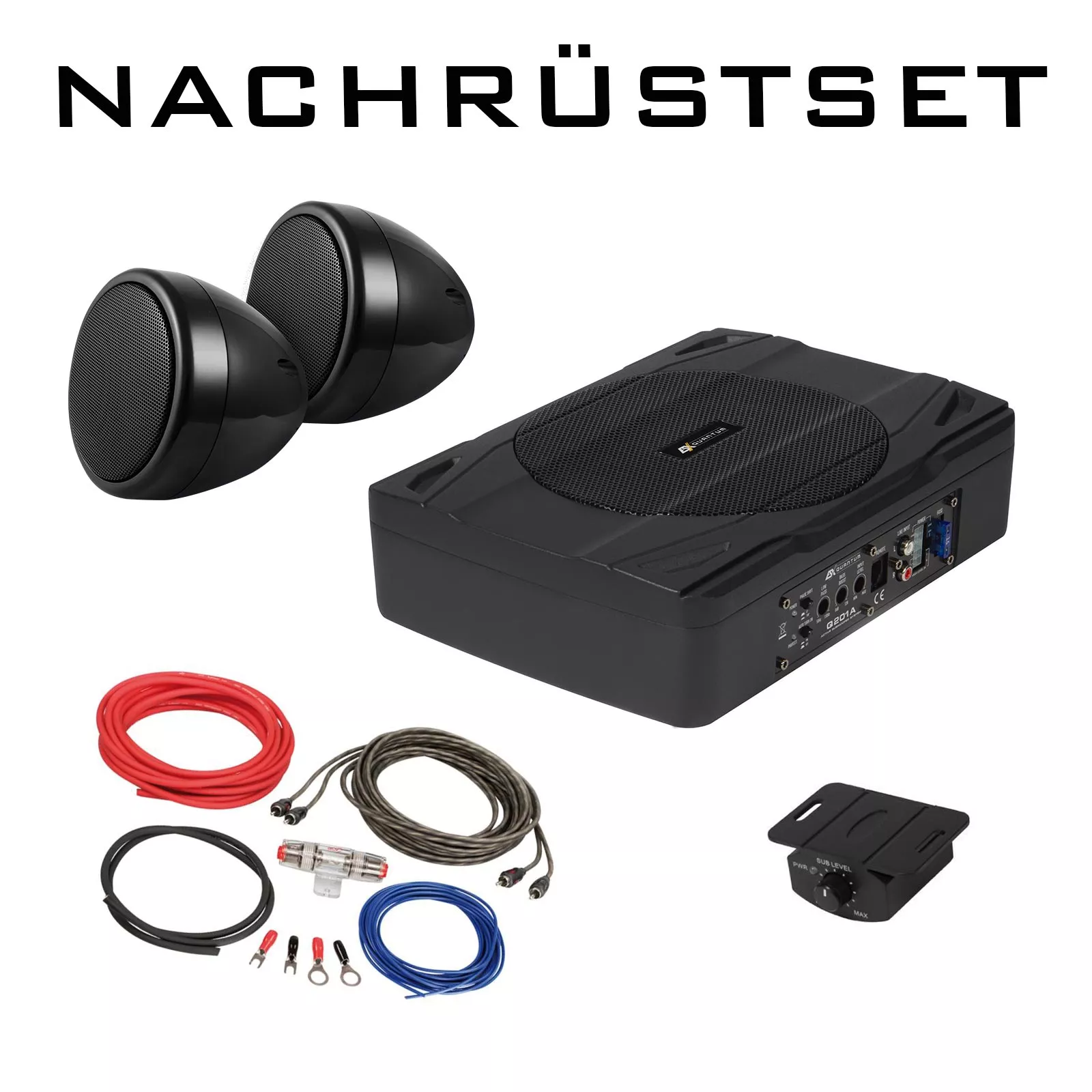 oldtimer_ls_sub_komplettset_sw Oldtimer Einbauset ESX Q201A + QX75-BLK Subwoofer & Aufbaulautsprecher schwarz