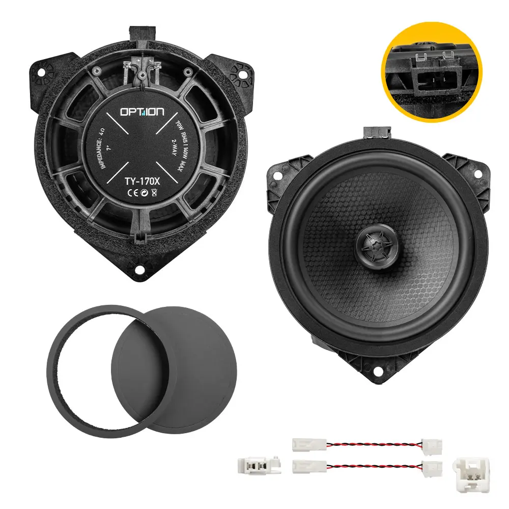 OPTION TY-170X Lieferumfang – Lautsprecherset für Toyota Lieferumfang des OPTION TY-170X Toyota Plug & Play Lautsprechersets mit Adaptern und Anschlusskabeln