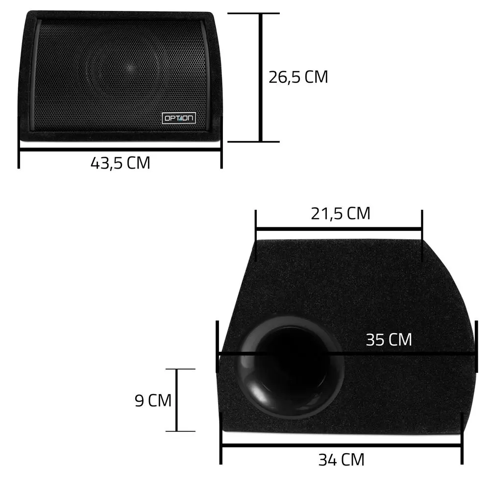 Maßzeichnung des OPTION PULSE-8BRA Aktiv-Subwoofers mit Abmessungen von 43,5 × 35 × 26,5 cm und Gehäusetiefe