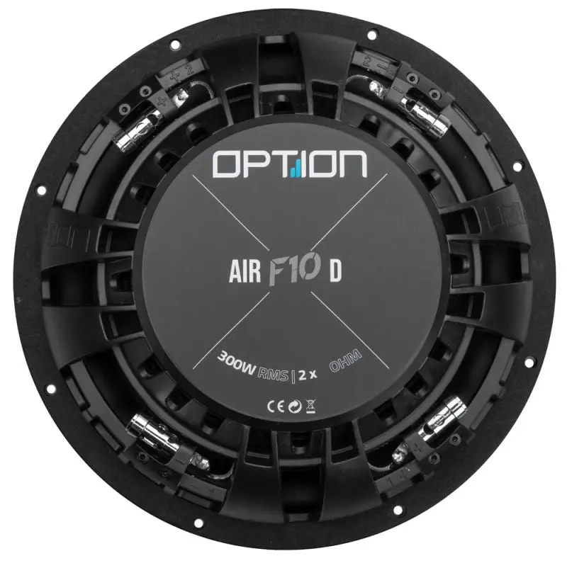 OPTION AIR-F10-D8 Rückseite mit Neodym-Antrieb Rückseite des OPTION AIR-F10-D8 25 cm Subwoofers mit Neodym-Antrieb und Dual-Voice-Coil 2×8 Ohm