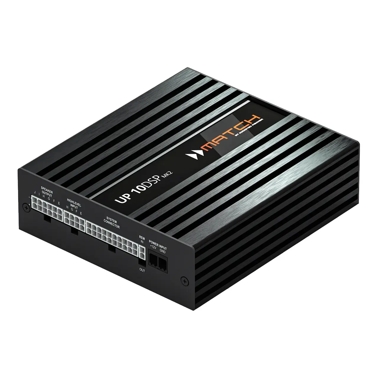MATCH UP 10DSP MK2 DSP-Verstärker in schwarzem Aluminiumgehäuse mit Kühlrippen und integriertem Signalprozessor