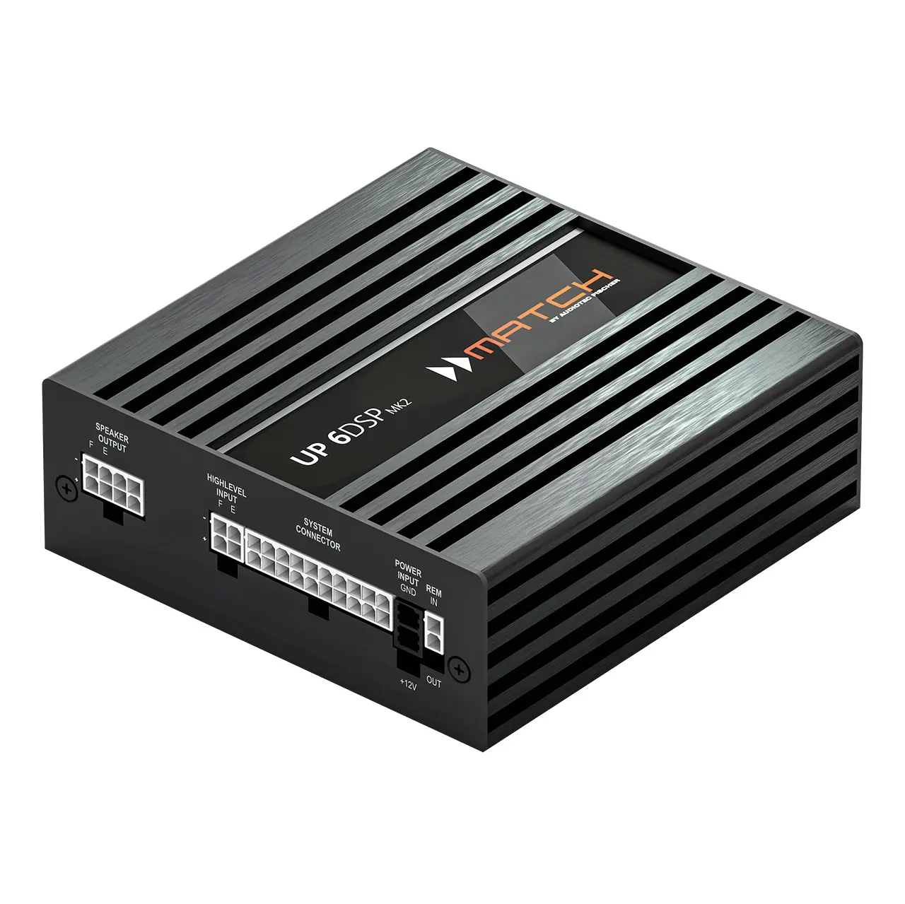 MATCH UP 6DSP MK2 DSP-Verstärker im schwarzen Aluminiumgehäuse mit Kühlrippen und integriertem DSP