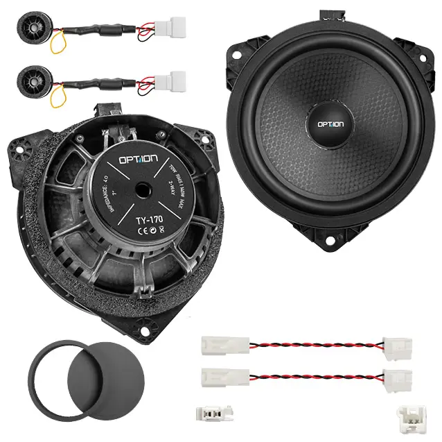 OPTION TY-170 Lieferumfang – Toyota Lautsprecherset Lieferumfang des OPTION TY-170 Toyota Plug & Play Lautsprechersets mit Hochtönern, Adaptern und Anschlusskabeln