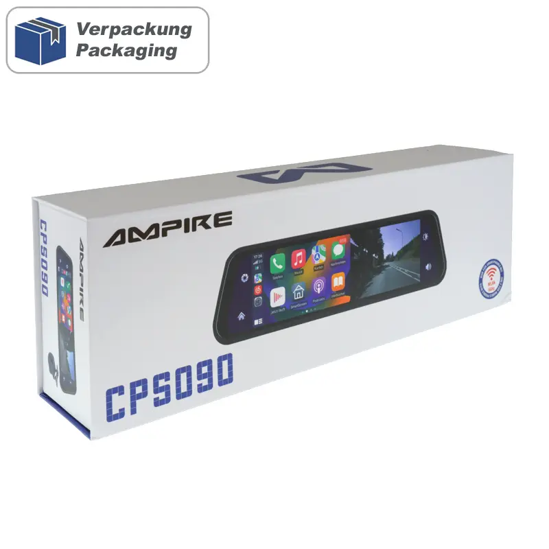 Produktverpackung des AMPIRE CPS090 Smartphone-Spiegelmonitors mit Apple CarPlay und Android Auto