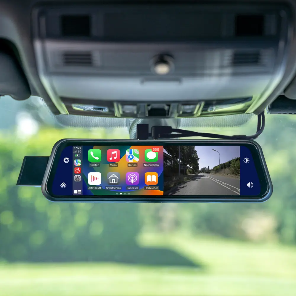 Apple CarPlay mit AMPIRE CPS090 Spiegelmonitor AMPIRE CPS090 Spiegelmonitor mit Apple CarPlay im Fahrzeug montiert