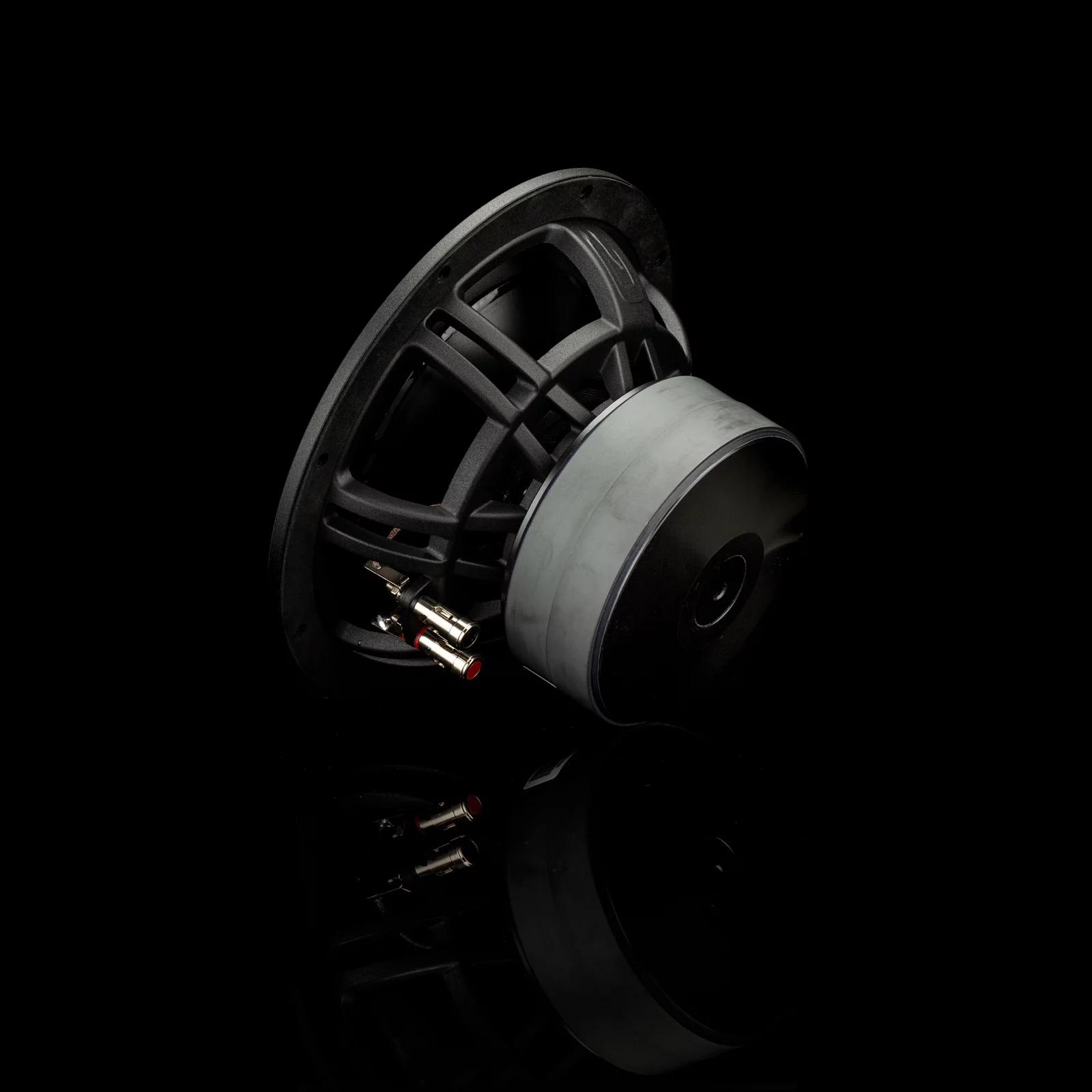 GLADEN ZETA 08 – Rückseite Rückansicht des GLADEN ZETA 08 High-End Subwoofers mit massivem Magnetsystem
