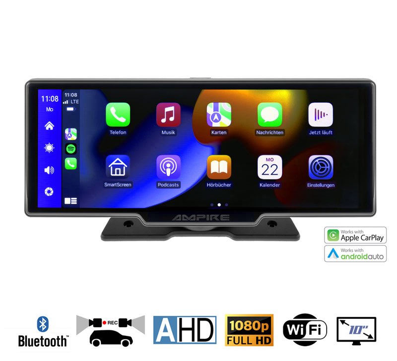 4kuyju86 AMPIRE Smartphone-Monitor 25.4cm (10'') mit AHD Dual-Dashcam und RFK-Funktion