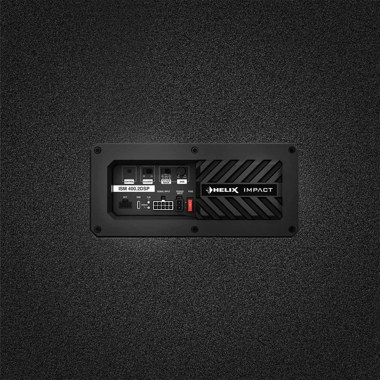 HELIX ISM 400.2DSP – Einbau im Subwoofergehäuse HELIX ISM 400.2DSP DSP-Verstärkermodul integriert in einem HELIX IMPACT Subwoofergehäuse