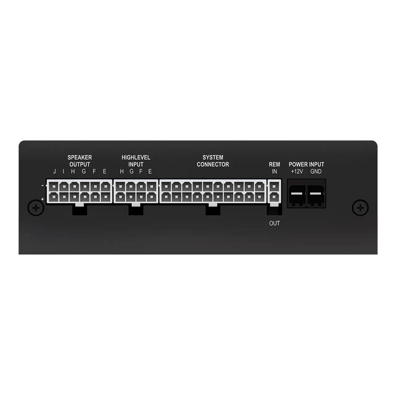 MATCH UP 10DSP MK2 – Vorderseite mit Anschlüssen Vorderseite des MATCH UP 10DSP MK2 DSP-Verstärkers mit Lautsprecheranschlüssen, Highlevel-Eingängen und Stromversorgung