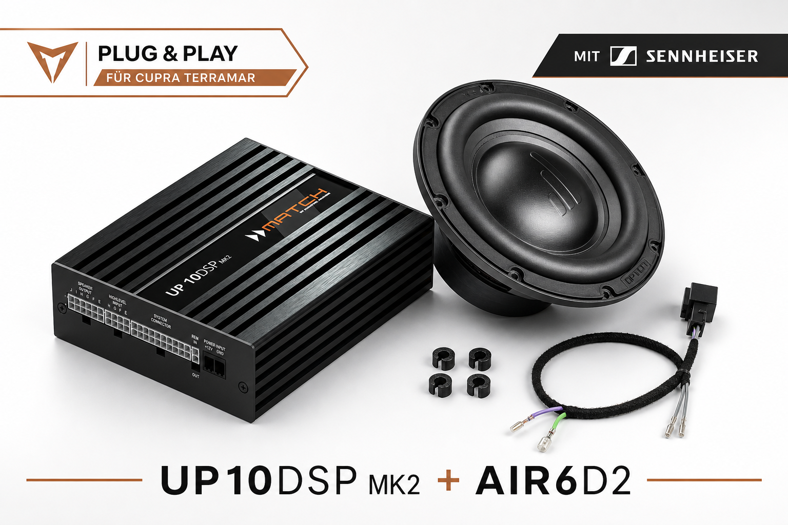 Plug & Play Hifi-Set für Cupra Terramar mit Sennheiser-Lautsprecher, Match UP 10DSPMK2 DSP-Verstärker und Audio System AIR 6D2 Subwoofer