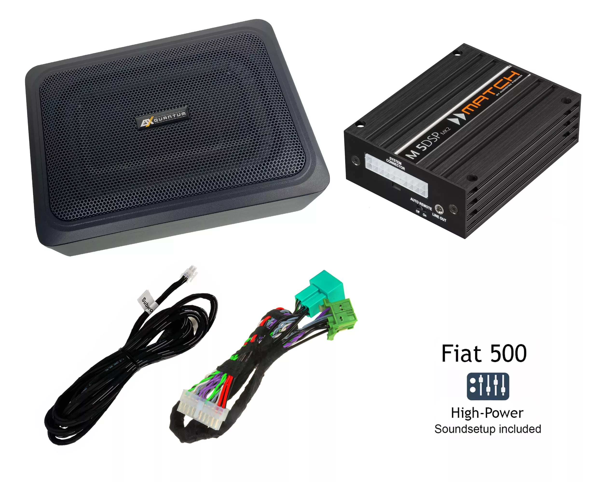 Fiat500_Q168P-Set Fiat 500E (BEV) mit Standard Soundsystem | 5-Kanal DSP Soundupgrade | Subwoofer Q168P